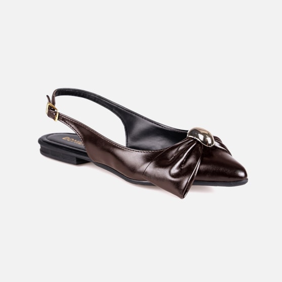 Segunda imagem do produto Sapatilha Feminina Slingback Marrom Laço Com Aplique Dourado Metalizado