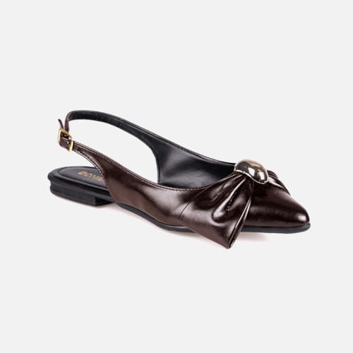 Sapatilha Feminina Slingback Marrom Laço Com Aplique Dourado Metalizado