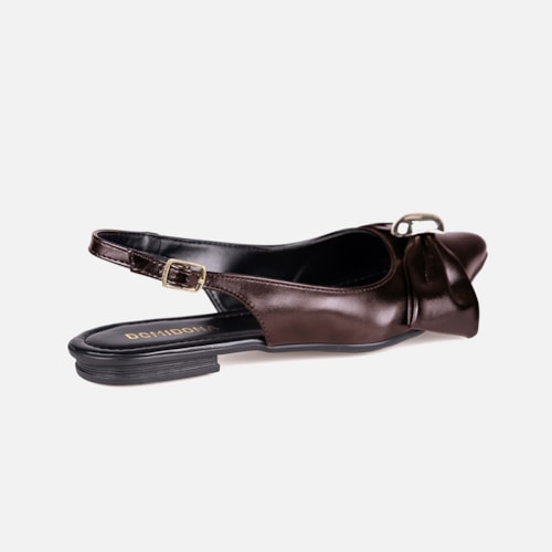 Sapatilha Feminina Slingback Marrom Laço Com Aplique Dourado Metalizado