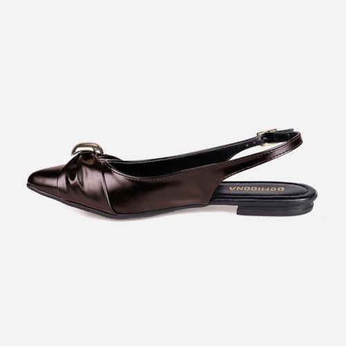 Sapatilha Feminina Slingback Marrom Laço Com Aplique Dourado Metalizado