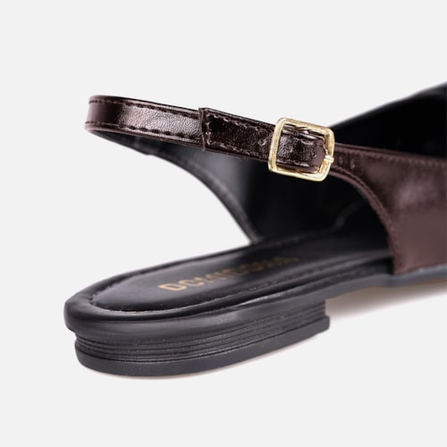 Sapatilha Feminina Slingback Marrom Laço Com Aplique Dourado Metalizado