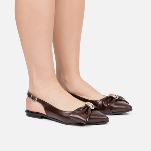 Sapatilha Feminina Slingback Marrom Laço Com Aplique Dourado Metalizado