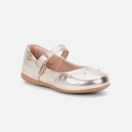 Segunda imagem do produto Sapatilha Infantil Dourada Estilo Boneca Tachas Brilhantes