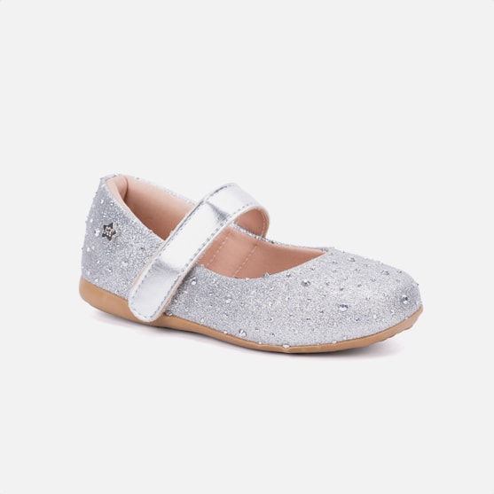 Segunda imagem do produto Sapatilha Infantil Prata Estilo Boneca Spikes E Tira Ajustável