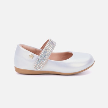 Sapatilha Infantil Prata Menina Bico Redondo Tira De Strass