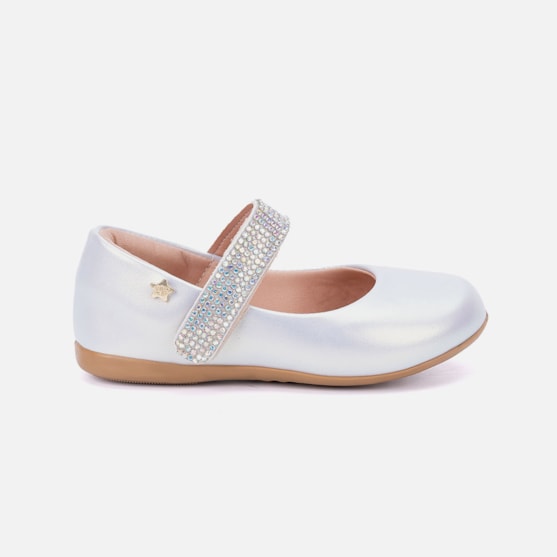 Sapatilha Infantil Prata Menina Bico Redondo Tira De Strass