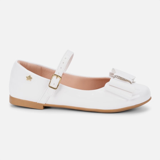 Sapatilha Menina Infantil Branca Laço Com Strass Bico Redondo