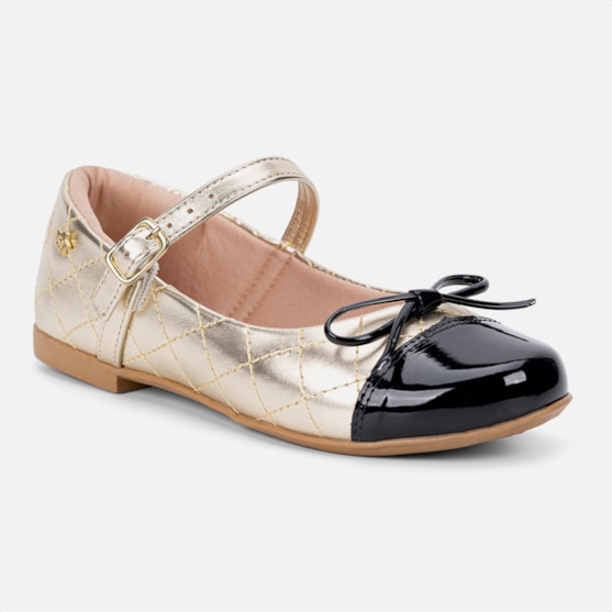 Segunda imagem do produto Sapatilha Menina Infantil Dourada Biqueira Verniz e Laço