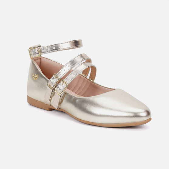 Segunda imagem do produto Sapatilha Menina Infantil Dourada Tira No Tornozelo Bico Fino