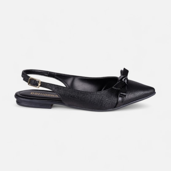 Sapatilha Preta Slingback Fivela Bico Fino Laço Delicado