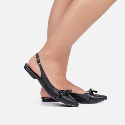 Sapatilha Preta Slingback Fivela Bico Fino Laço Delicado