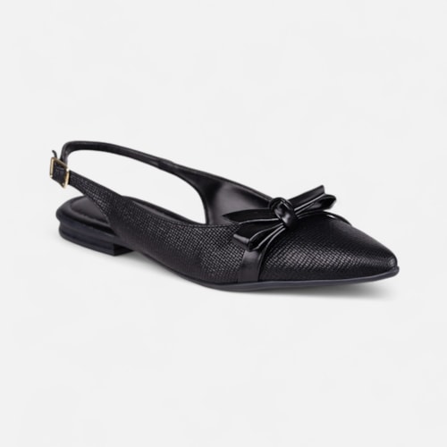Sapatilha Preta Slingback Fivela Bico Fino Laço Delicado