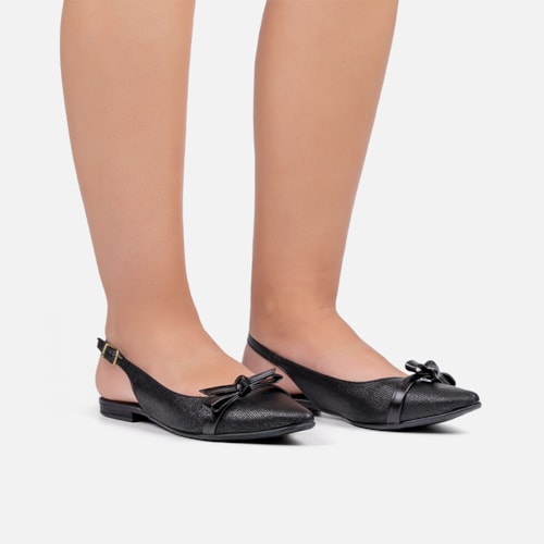 Sapatilha Preta Slingback Fivela Bico Fino Laço Delicado