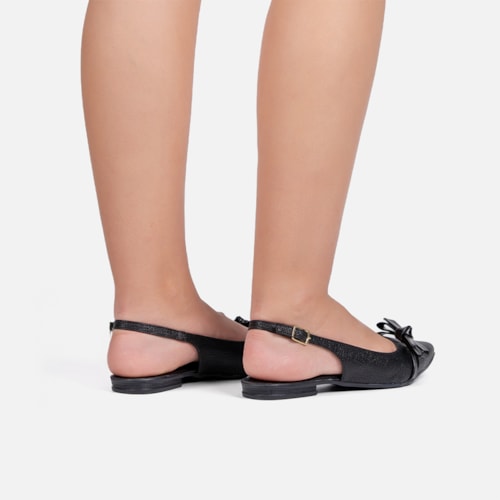 Sapatilha Preta Slingback Fivela Bico Fino Laço Delicado