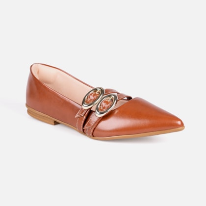 Segunda imagem do produto Sapatilha Verniz Caramelo Bico Fino Tiras Duplas Fivela Oval Estilo Boho