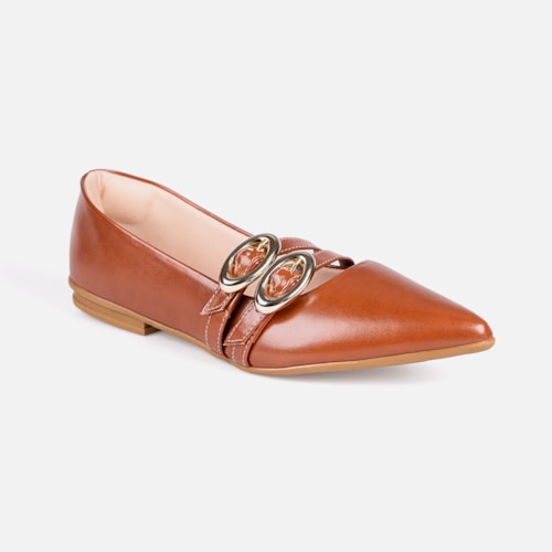Sapatilha Verniz Caramelo Bico Fino Tiras Duplas Fivela Oval Estilo Boho