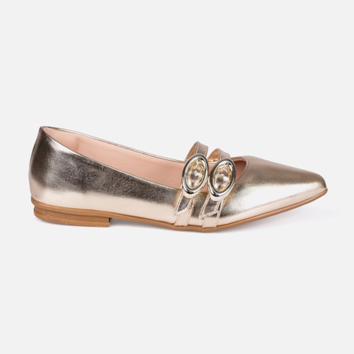 Sapatilha Verniz Dourada Bico Fino Tiras Duplas Fivela Oval Estilo Boho