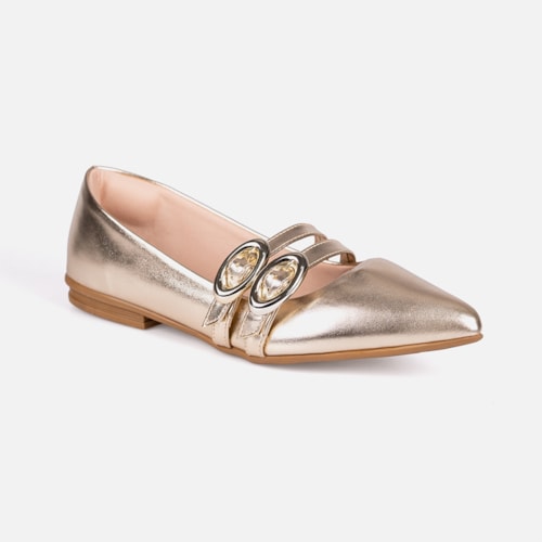 Sapatilha Verniz Dourada Bico Fino Tiras Duplas Fivela Oval Estilo Boho