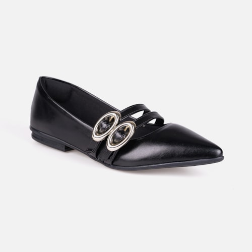 Sapatilha Verniz Preta Bico Fino Tiras Duplas Fivela Oval Estilo Boho