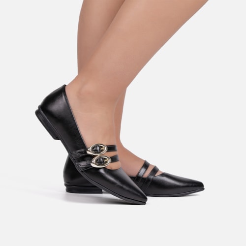 Sapatilha Verniz Preta Bico Fino Tiras Duplas Fivela Oval Estilo Boho