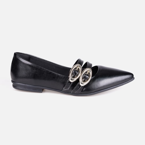 Sapatilha Verniz Preta Bico Fino Tiras Duplas Fivela Oval Estilo Boho