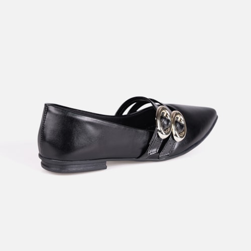 Sapatilha Verniz Preta Bico Fino Tiras Duplas Fivela Oval Estilo Boho