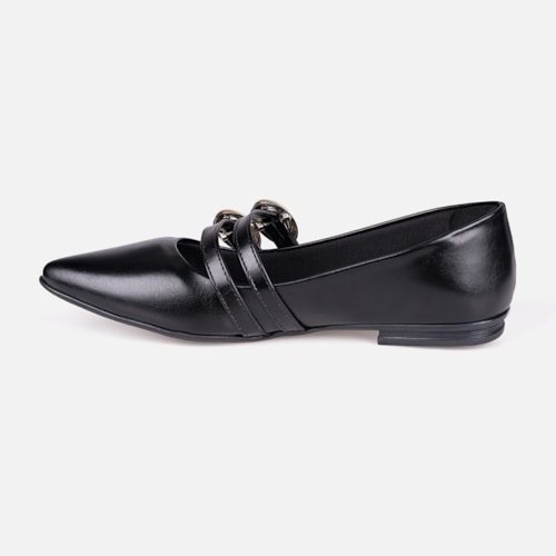 Sapatilha Verniz Preta Bico Fino Tiras Duplas Fivela Oval Estilo Boho