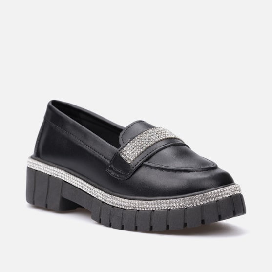 Segunda imagem do produto Sapato Mocassim Infantil Preto Menina Plataforma Com Strass