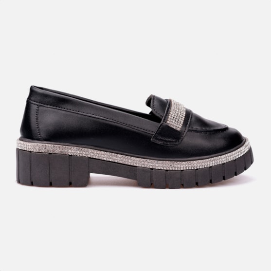 Sapato Mocassim Infantil Preto Menina Plataforma Com Strass