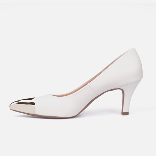 Scarpin Feminino Bico Fino Metalizado Salto Alto Agulha Elegante Off White