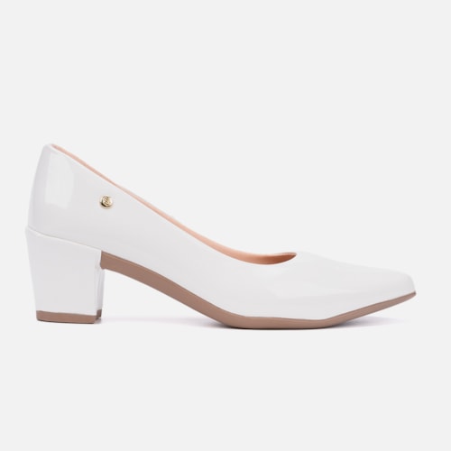 Scarpin Feminino Bico Fino Salto Bloco Grosso Brilhante Luxo Branco