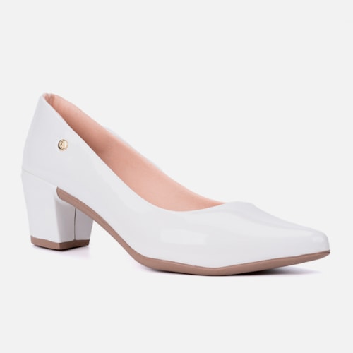 Scarpin Feminino Bico Fino Salto Bloco Grosso Brilhante Luxo Branco