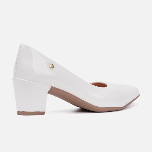 Scarpin Feminino Bico Fino Salto Bloco Grosso Brilhante Luxo Branco