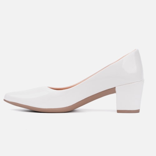 Scarpin Feminino Bico Fino Salto Bloco Grosso Brilhante Luxo Branco