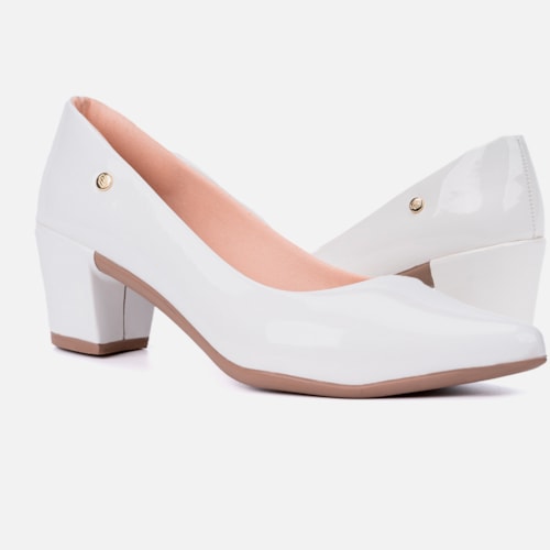 Scarpin Feminino Bico Fino Salto Bloco Grosso Brilhante Luxo Branco