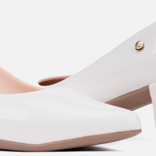 Scarpin Feminino Bico Fino Salto Bloco Grosso Brilhante Luxo Branco