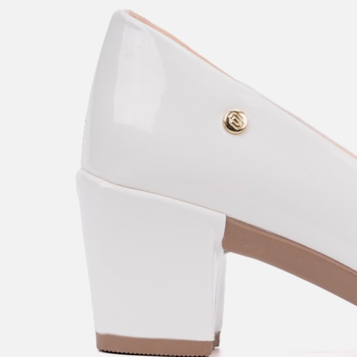 Scarpin Feminino Bico Fino Salto Bloco Grosso Brilhante Luxo Branco