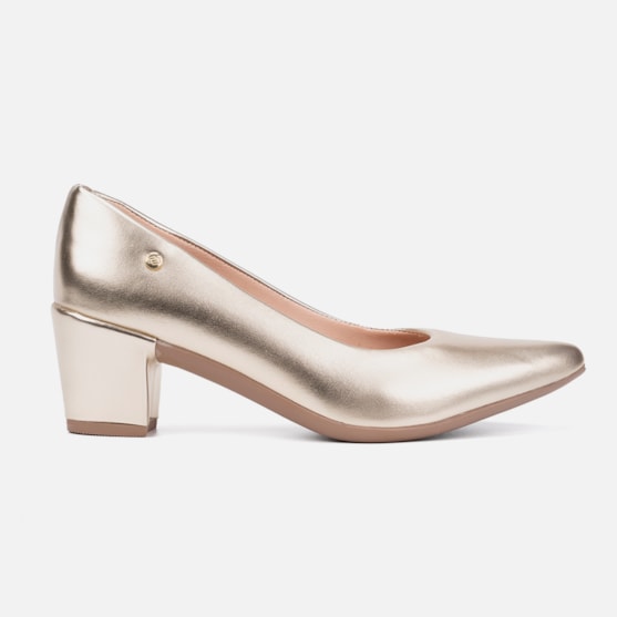 Scarpin Feminino Bico Fino Salto Bloco Grosso Brilhante Luxo Dourado