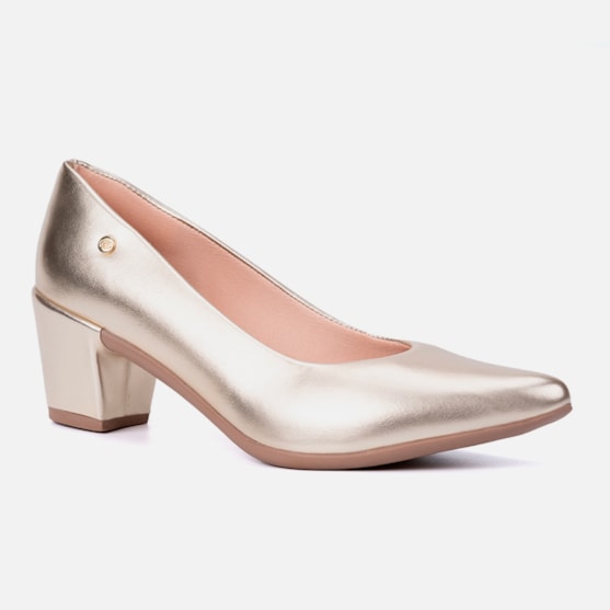 Segunda imagem do produto Scarpin Feminino Bico Fino Salto Bloco Grosso Brilhante Luxo Dourado