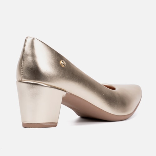 Scarpin Feminino Bico Fino Salto Bloco Grosso Brilhante Luxo Dourado