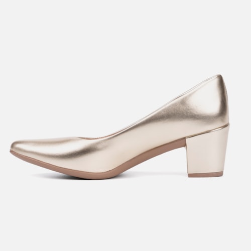 Scarpin Feminino Bico Fino Salto Bloco Grosso Brilhante Luxo Dourado