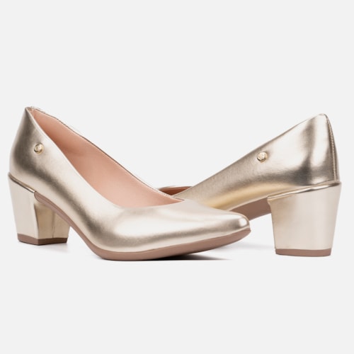 Scarpin Feminino Bico Fino Salto Bloco Grosso Brilhante Luxo Dourado