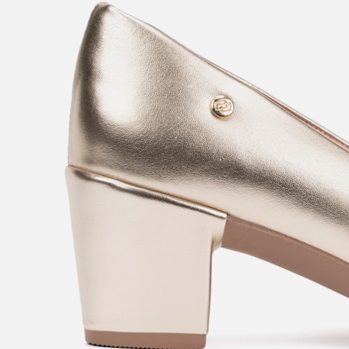 Scarpin Feminino Bico Fino Salto Bloco Grosso Brilhante Luxo Dourado