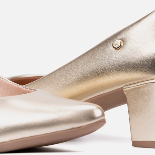 Scarpin Feminino Bico Fino Salto Bloco Grosso Brilhante Luxo Dourado