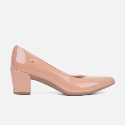 Scarpin Feminino Bico Fino Salto Bloco Grosso Brilhante Luxo Nude