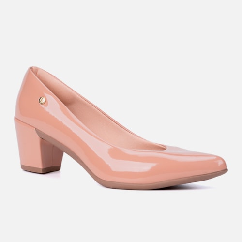 Scarpin Feminino Bico Fino Salto Bloco Grosso Brilhante Luxo Nude