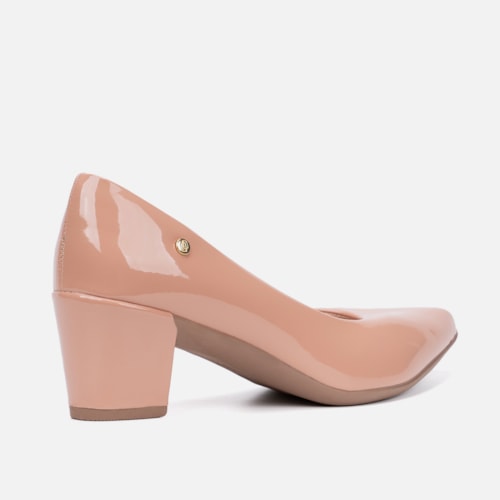 Scarpin Feminino Bico Fino Salto Bloco Grosso Brilhante Luxo Nude