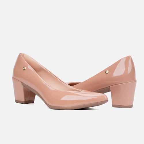 Scarpin Feminino Bico Fino Salto Bloco Grosso Brilhante Luxo Nude