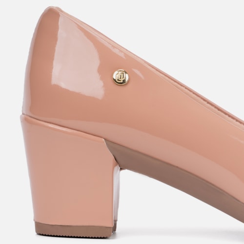 Scarpin Feminino Bico Fino Salto Bloco Grosso Brilhante Luxo Nude