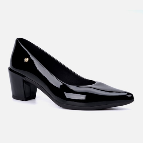 Scarpin Feminino Bico Fino Salto Bloco Grosso Brilhante Luxo Preto